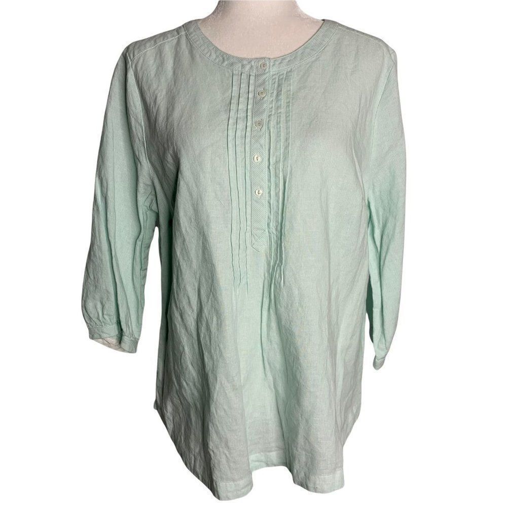 Dash Linen Blend Tunic Top L Green Stripe Pleated Buttons 3/4 Sleeve Round Neck